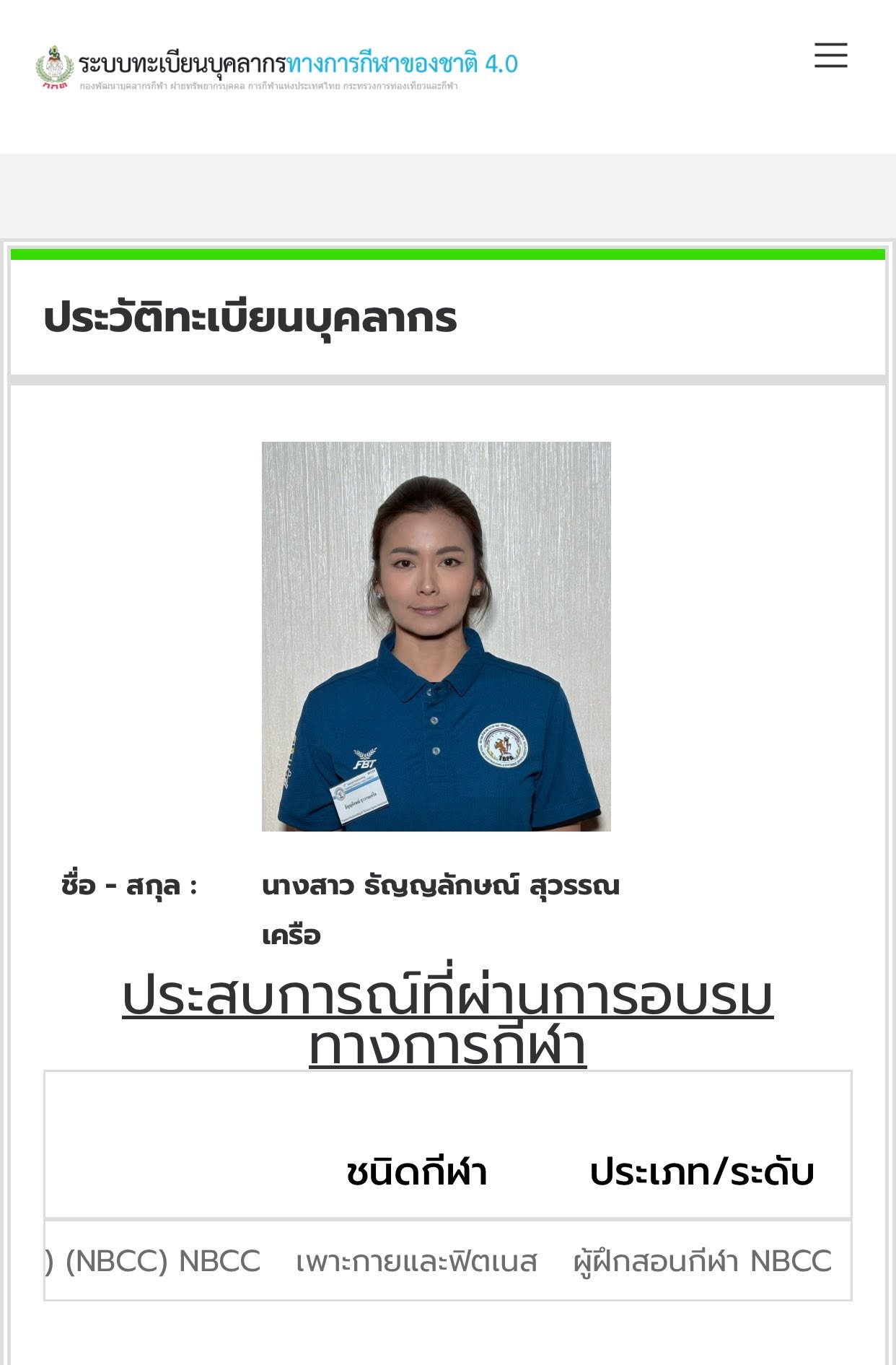 ทะเบียนผู้ฝึกสอนกีฬา NBCC — ธัญญลักษณ์ สุวรรณเครือ